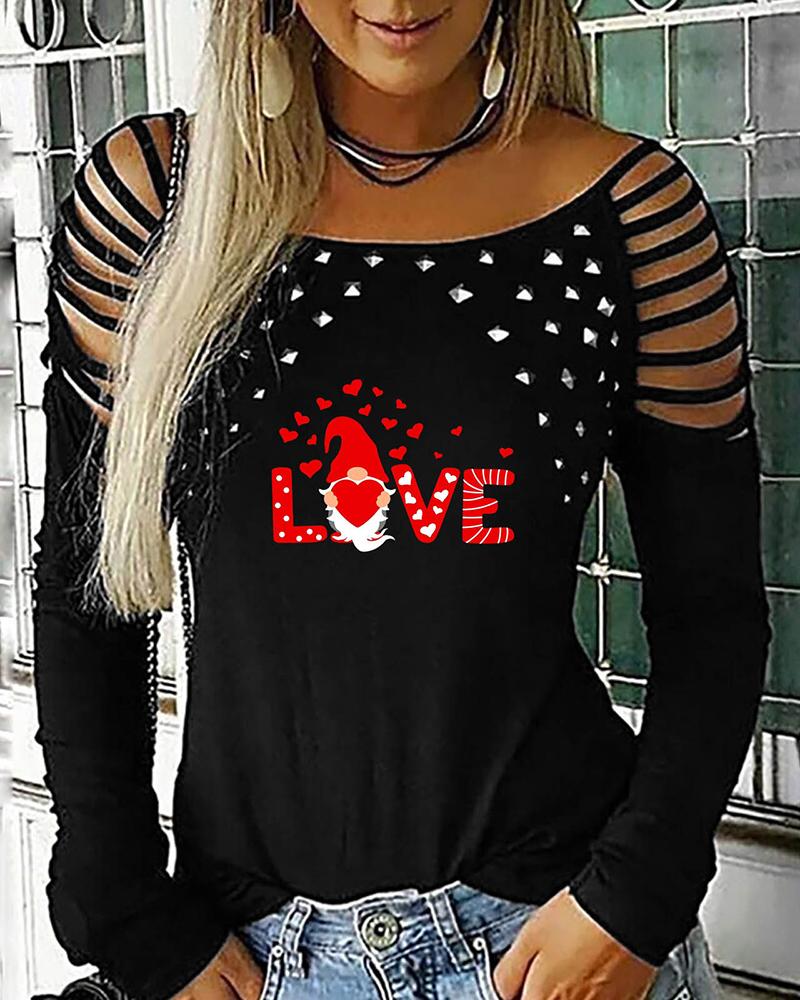 

Cutout Studded Letter Heart Print Long Sleeve Top, Black