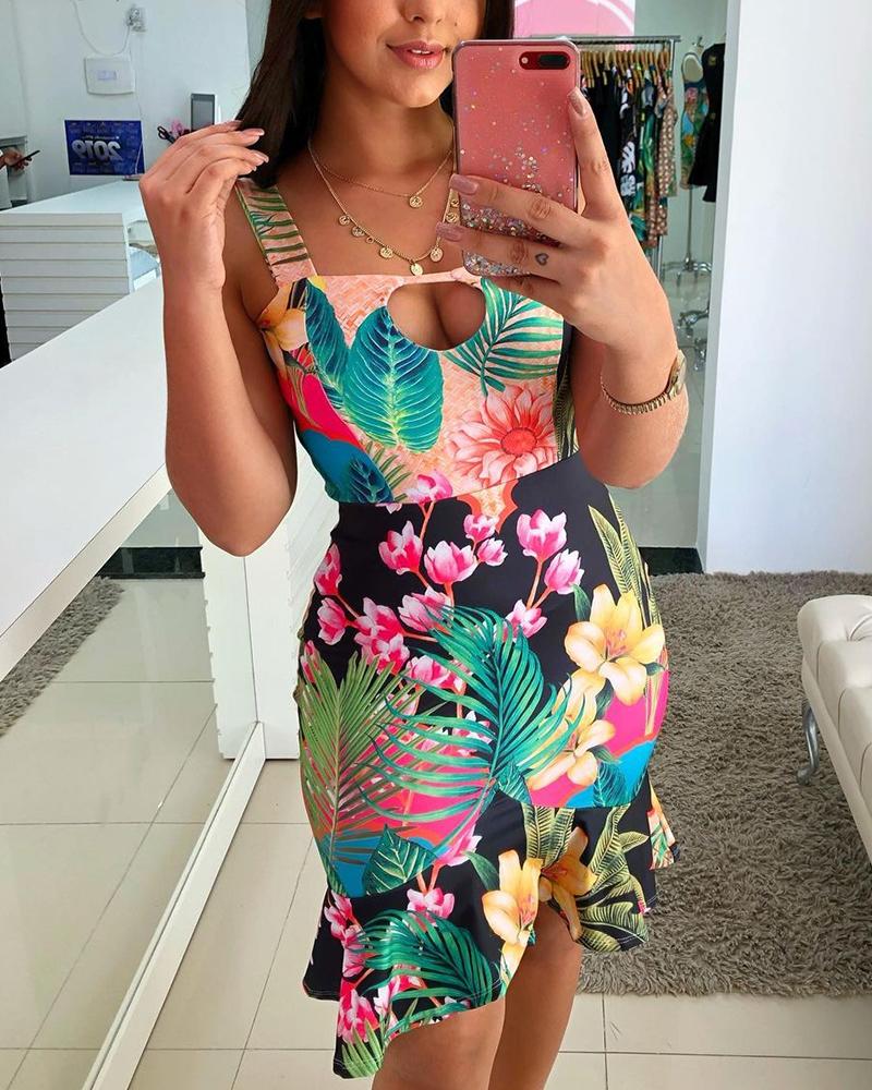 

Floral Print Hollow-out Ruffle Hem Straight Dress, Multicolor