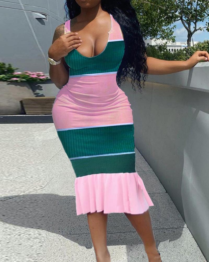 

Colorblock U-Neck Sleeveless Ruffle Hem Dress, Pink