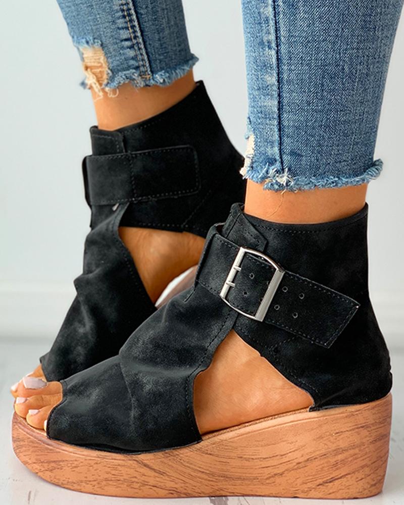 

Eyelet Buckled Cutout Wedge Sandals, Black