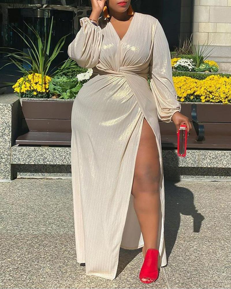 

Plus Size Long Sleeve Skinny Shinny Slit Dress, Gold