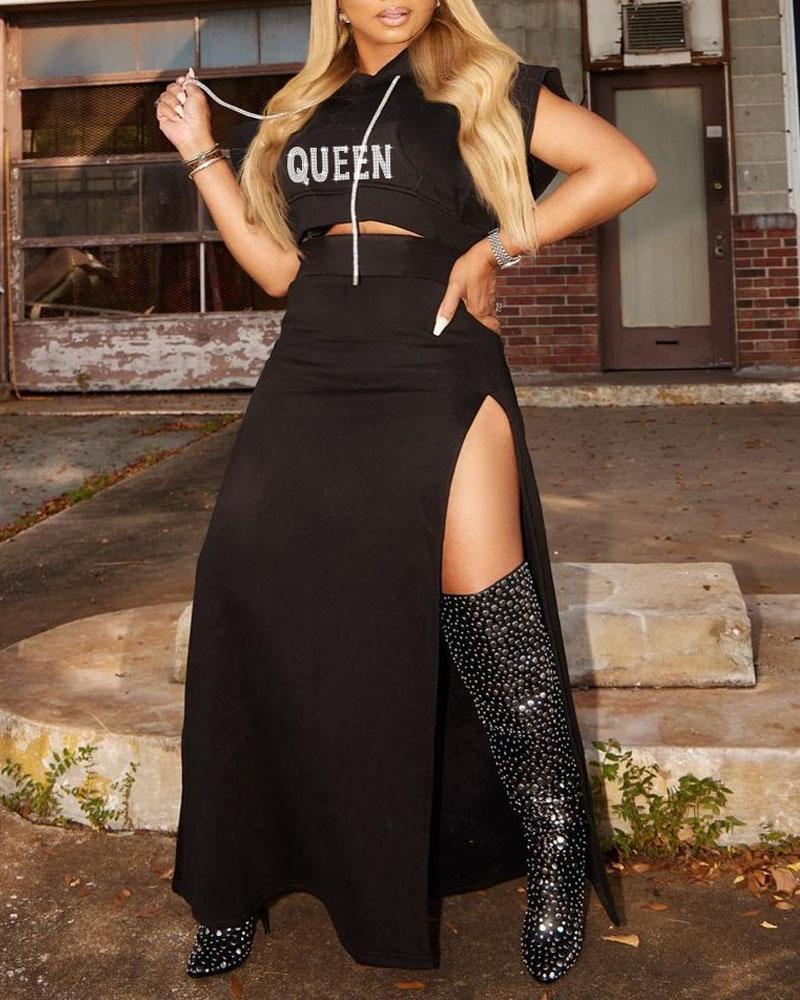 

Rhinestone Letter Pattern Crop Top & High Slit Skirt Set, Black