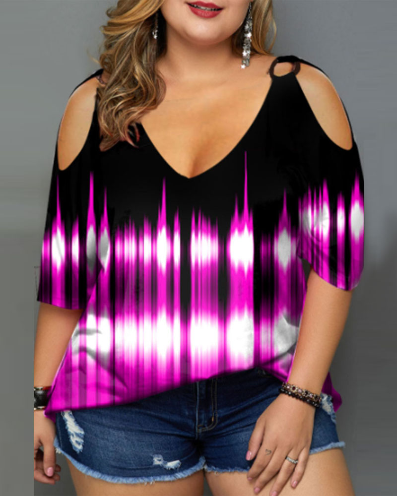 Buy Plus Size Graphic Print O-Ring Cold Shoulder T-shirt. Picture