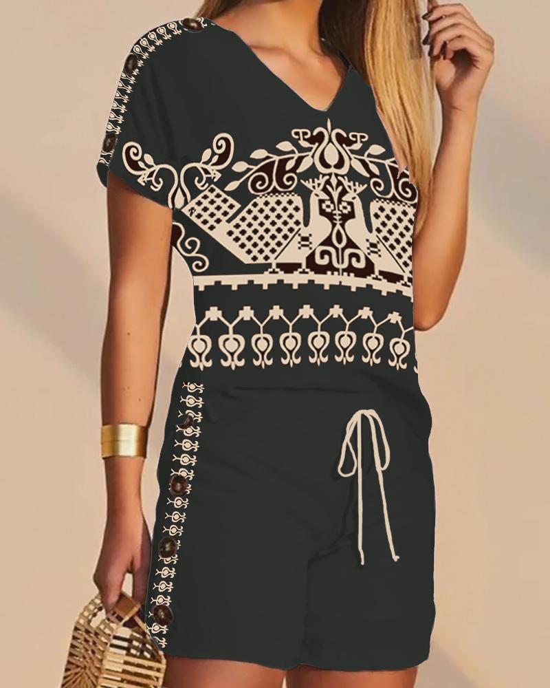 

Tribal Print Top & Drawstring Shorts Set, Black