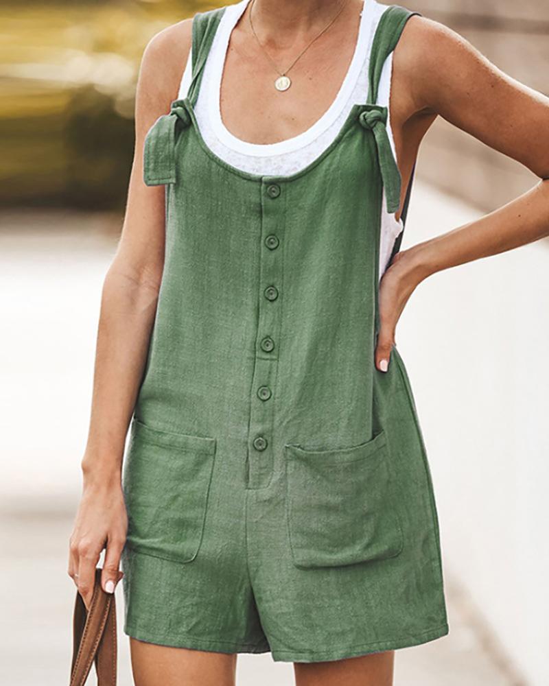 

Solid Button Up Suspender Romper, Army green