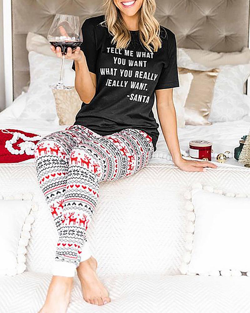 

Christmas Letter Print Short Sleeve Top & Pants Set, Black&white