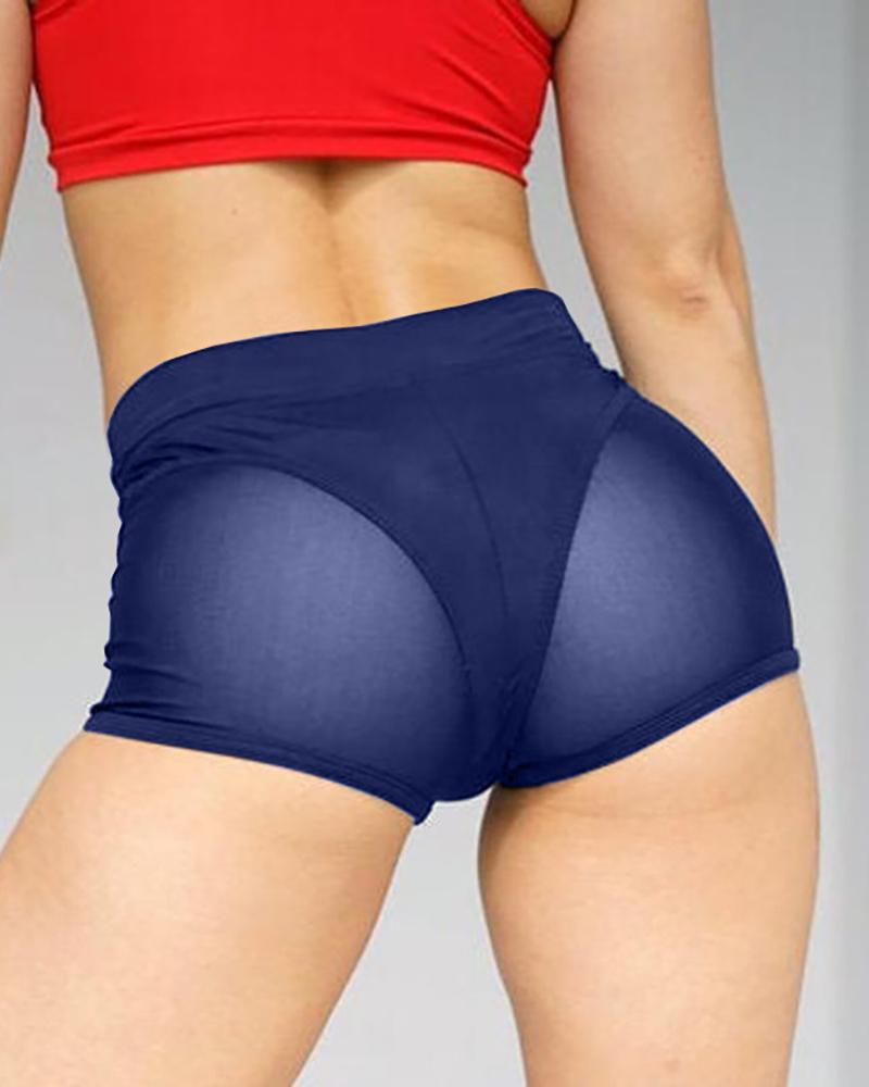 

Sheer Mesh High Waisted Butt Lifting Tummy Control Yoga Shorts, Dark blue