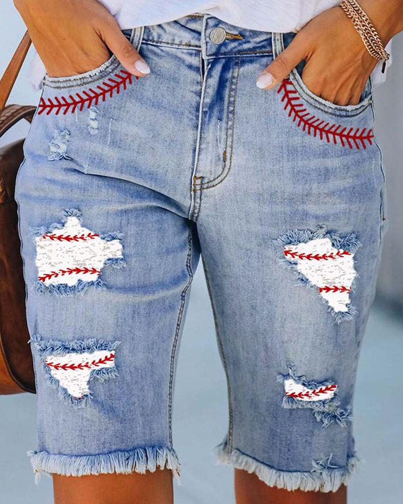 

Baseball Print Raw Hem Patchwork Denim Shorts, Blue