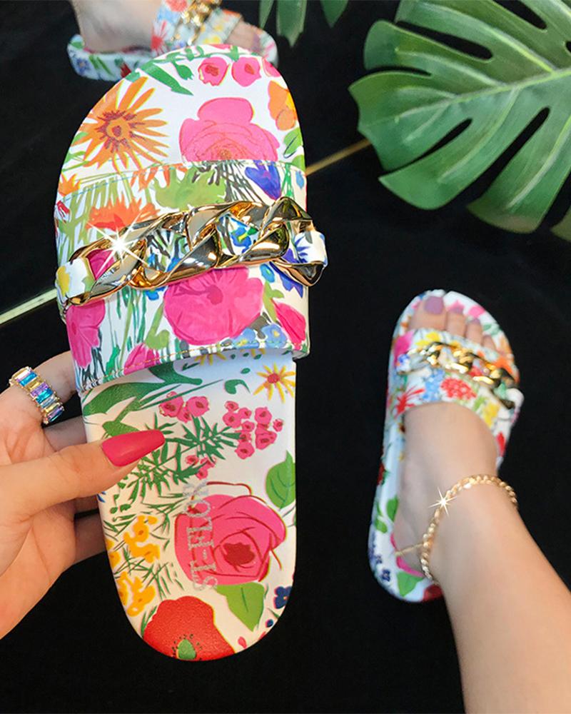 

Round-toe Multicolor Floral Print Splicing Chain Platform Slippers, White