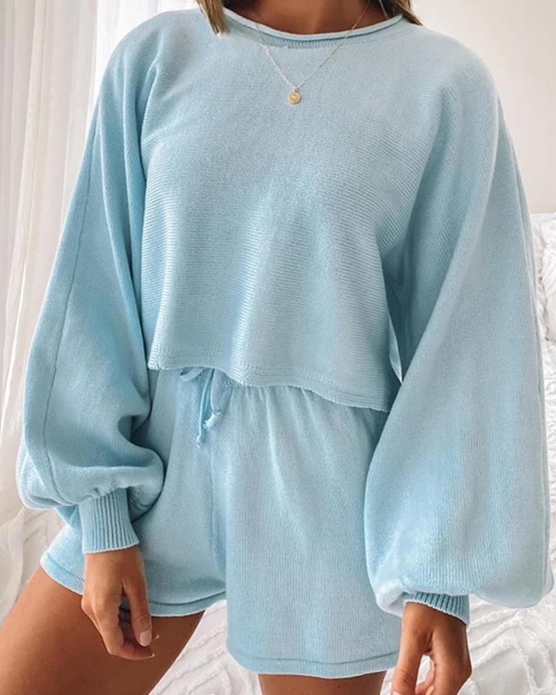 

O Neck Lantern Sleeve Sweater & Drawstring Shorts Set, Blue