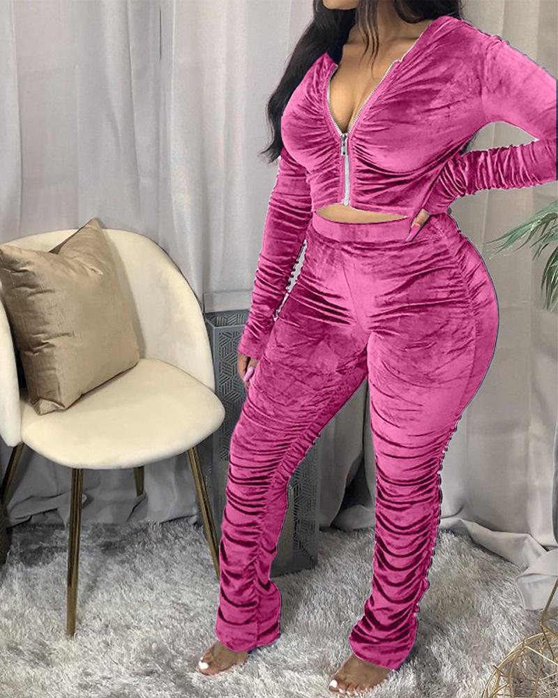 

Ruched Long Sleeve Hooded Zip Up Top & Pants Set, Pink
