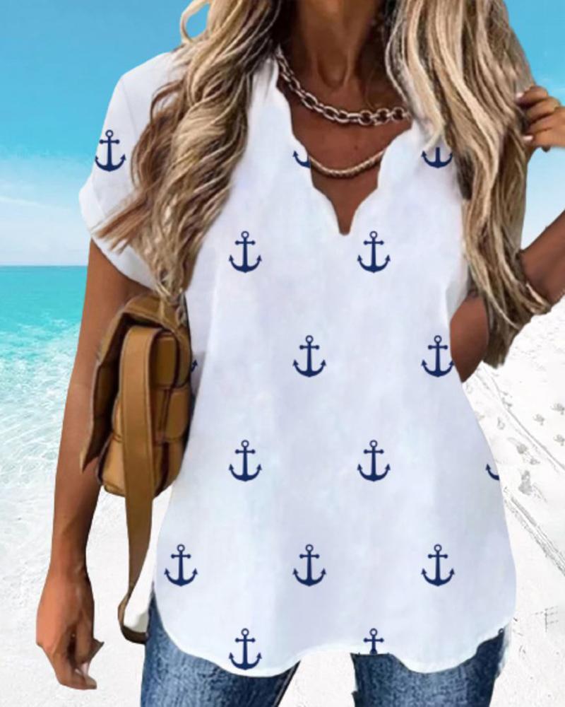 

Anchor Print Short Sleeve Casual Top, White