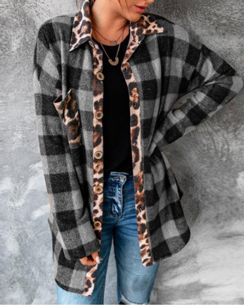 

Plaid Print Leopard Patch Button Up Shacket, Gray