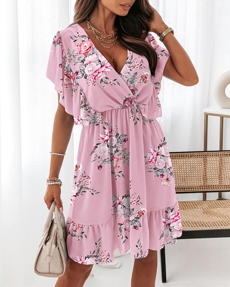

Floral Print Ruffle Hem Wrap Dress, Pink