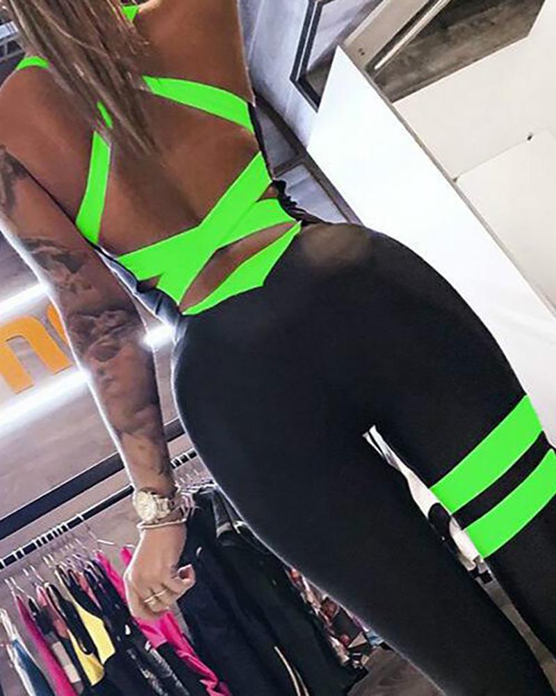 

Crisscross Backless Colorblock Butt Lifting Yoga Jumpsuit, Green