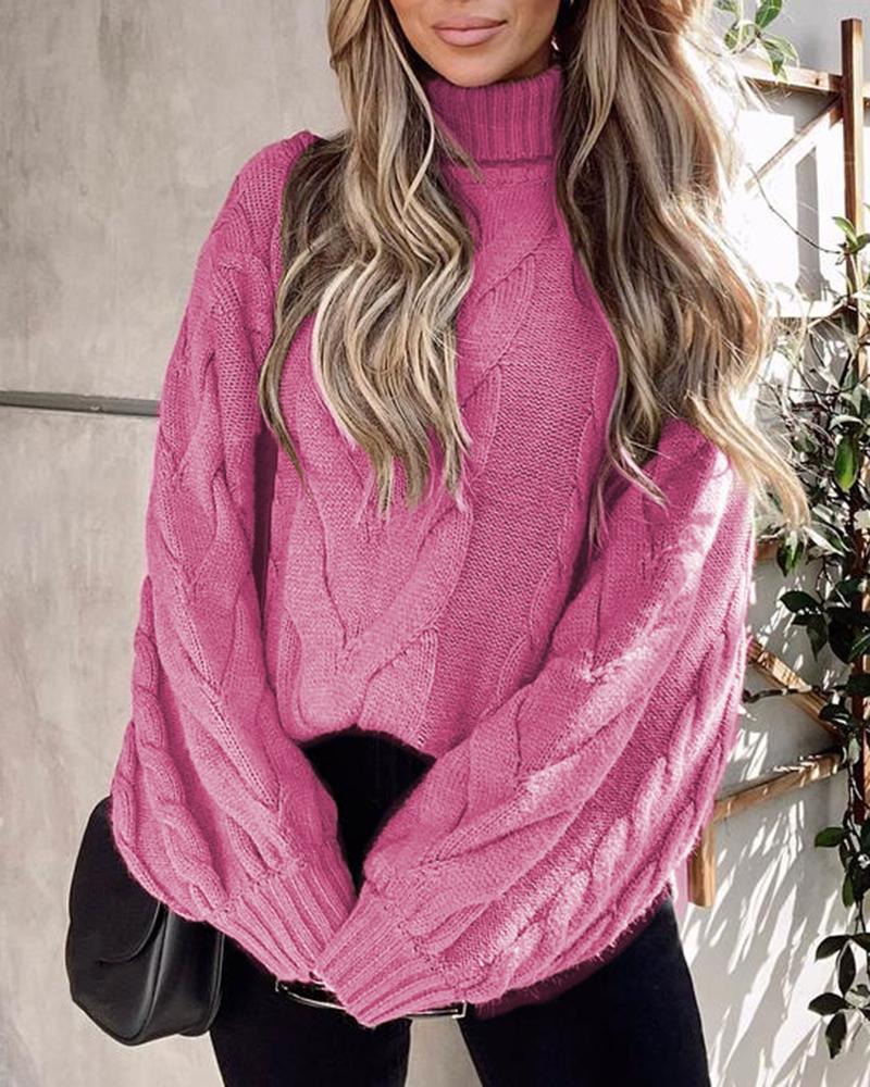 

Lantern Sleeve High Neck Cable Knit Sweater, Hot pink