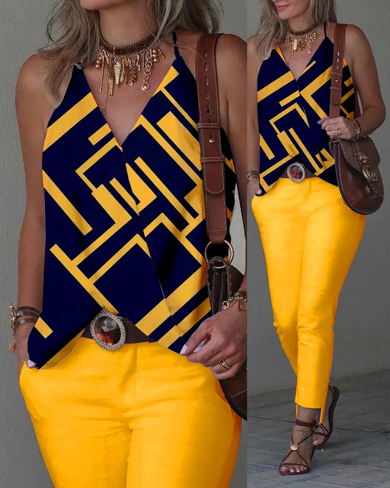 

Geometric Print Halter Tank Top & Pants Set, Dark yellow