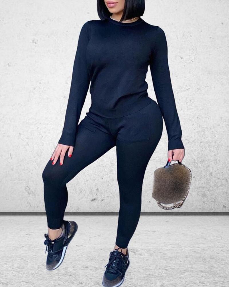 

Plain Long Sleeve Top & Pants Set, Black