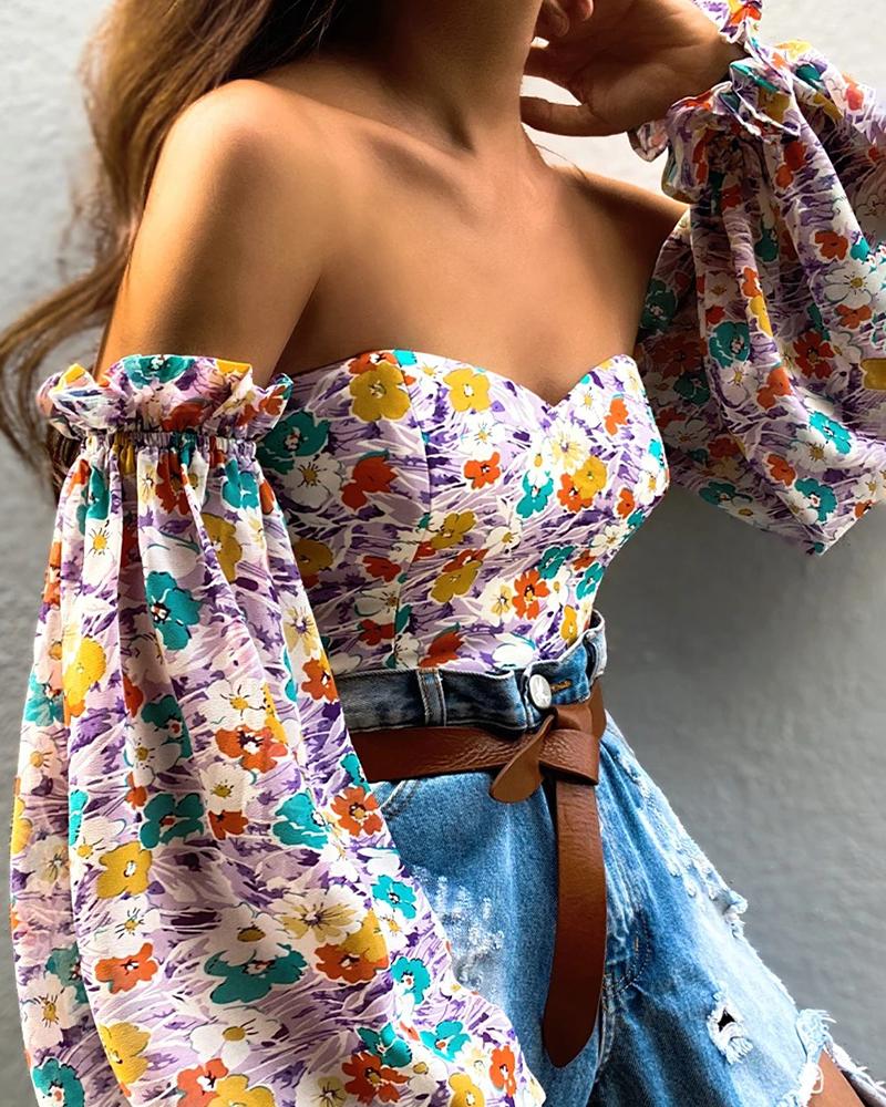 

Off Shoulder Floral Print Lantern Sleeve Chiffon Top, Multicolor