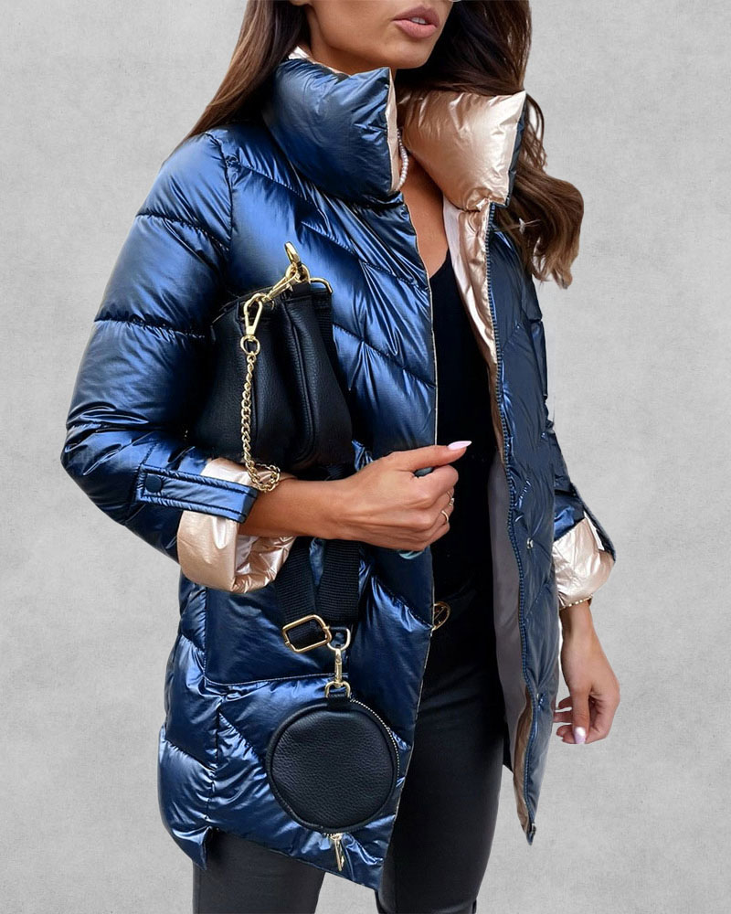 

Roll Up Sleeve Button Zip Front Puffer Coat, Blue