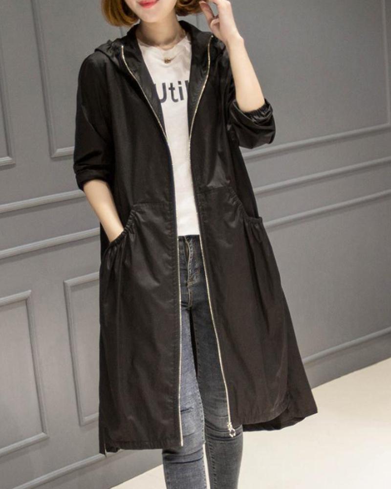 

Pocket Design Long Sleeve Hooded Trench Coat, Black