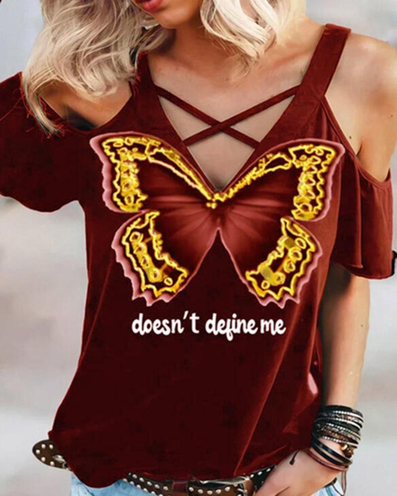 

Butterfly & Letter Print Cut-out Short Sleeve T-shirt, Wine red