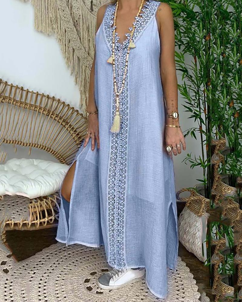 

Crochet Lace Trim Slit Casual Dress, Blue