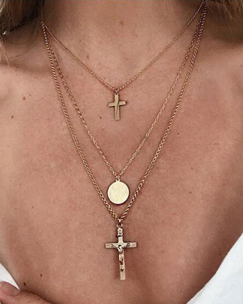 

1pcs Multi-layer Disc Cross Pendant Necklace, Gold