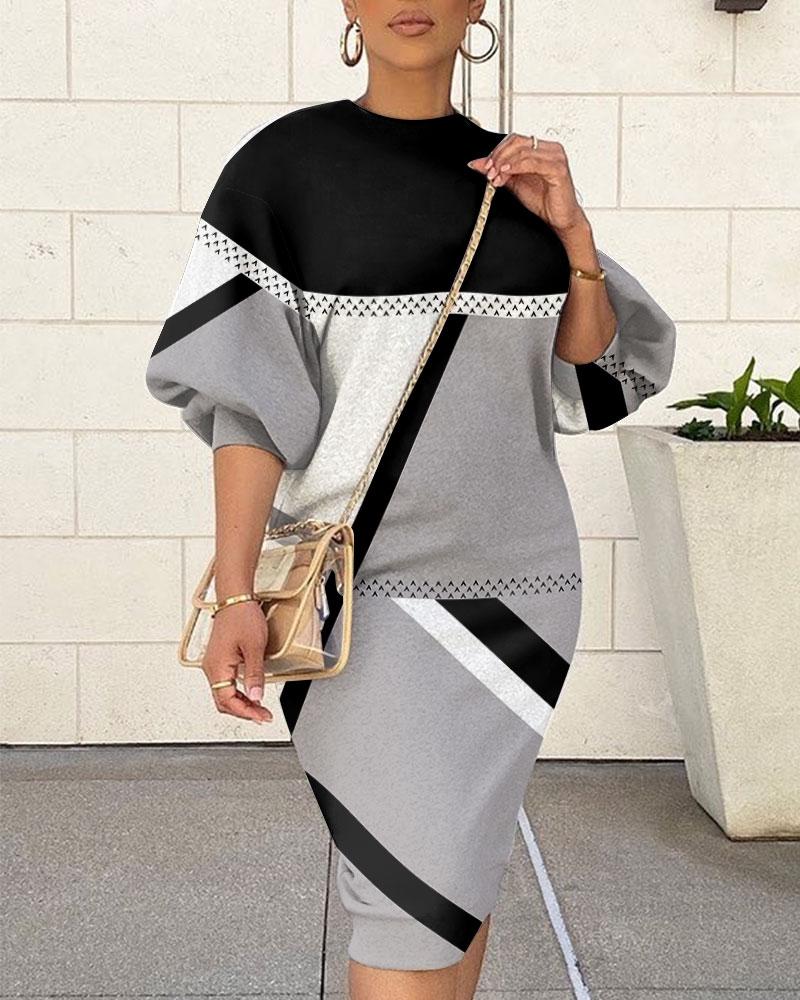 

Geometric Print Lantern Sleeve Casual Dress, Gray