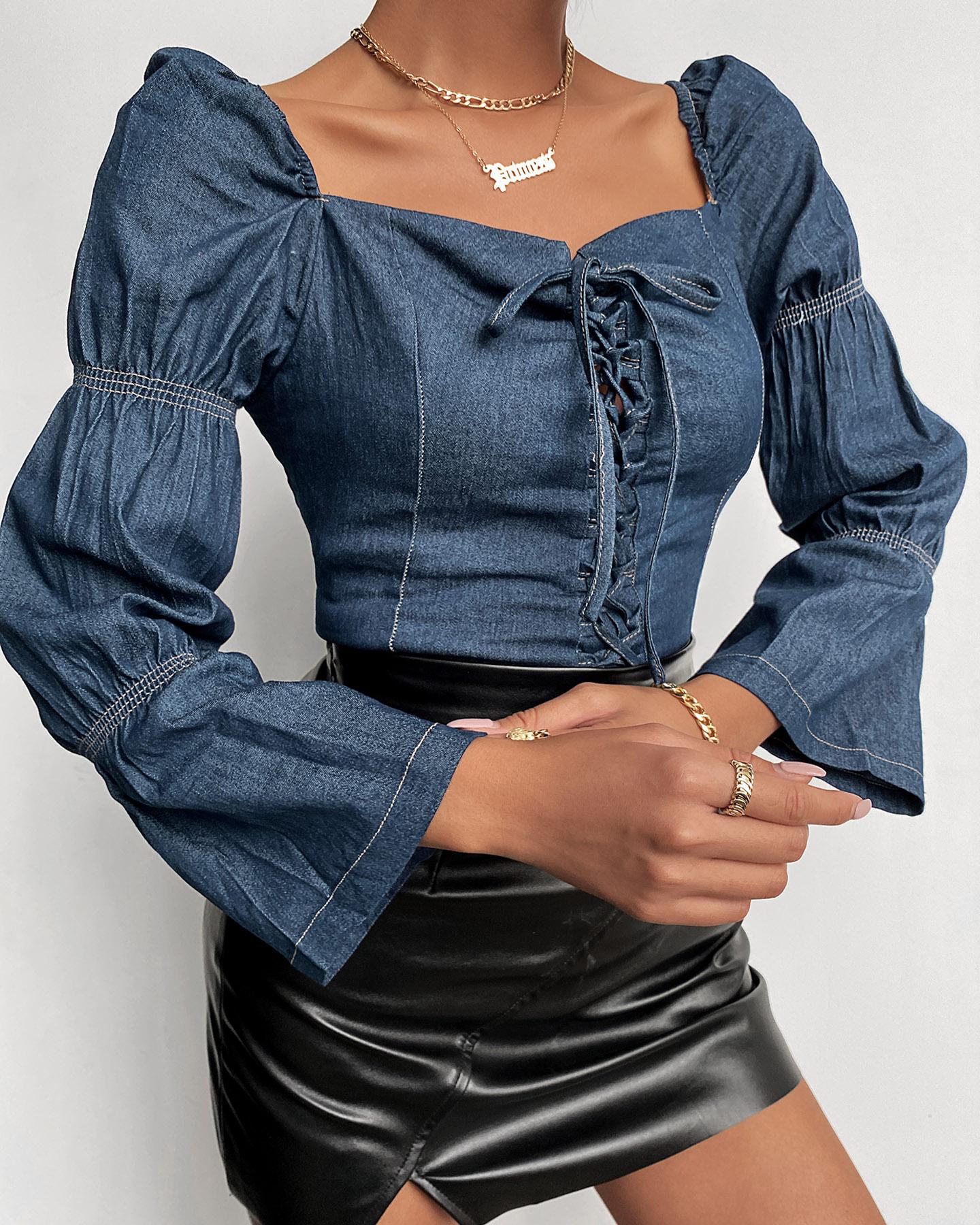 

Ruched Eyelet Lace-up Puff Sleeve Denim Blouse, Blue