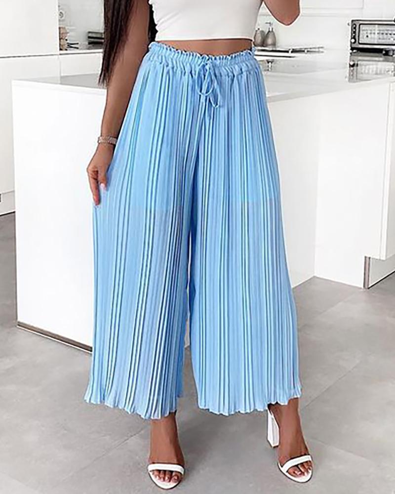 

Frill Hem Drawstring Pleated Wide Leg Pants, Light blue