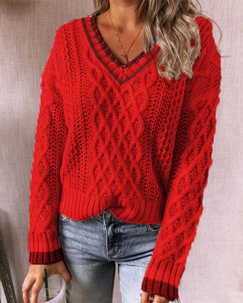 

Striped Trim V-Neck Cable Knit Sweater, Red