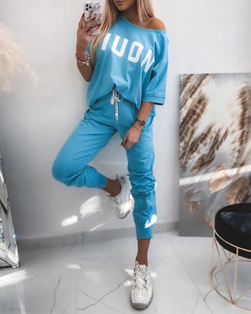 

Letter Print Long Sleeve Blouse With Pants Suit Sets, Blue