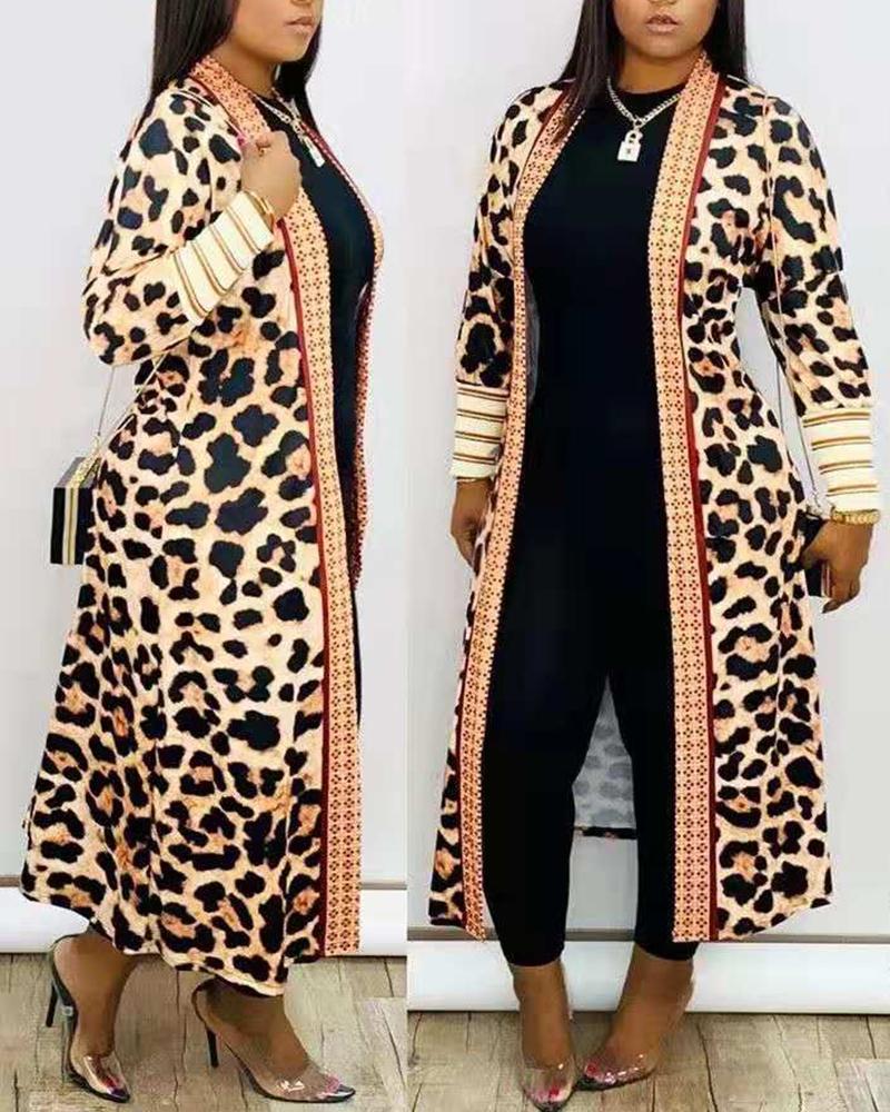 

Leopard Print Striped Long Sleeve Longline Coat
