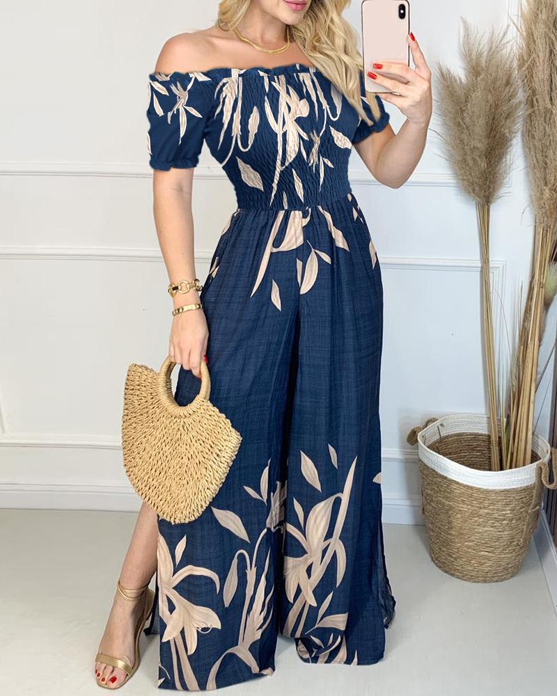 

Off Shoulder Smoking Leaf Print Slit Leg Jumpsuit, Blue
