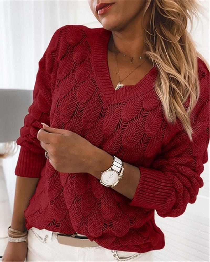 

Feather Pattern Knitted V-Neck Sweater, Red