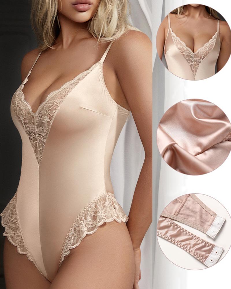 

Lace Trim Hook Detail Crotchless Seamless Teddy, Nude