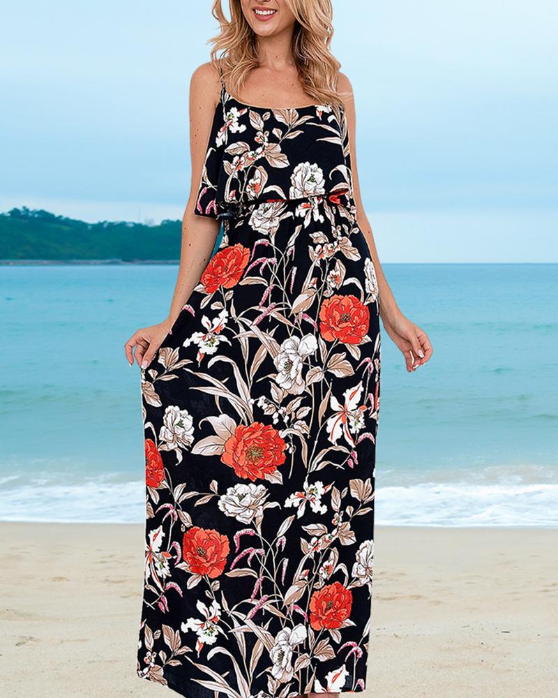

Floral Print Skinny Waist Sling Maxi Dress, Black