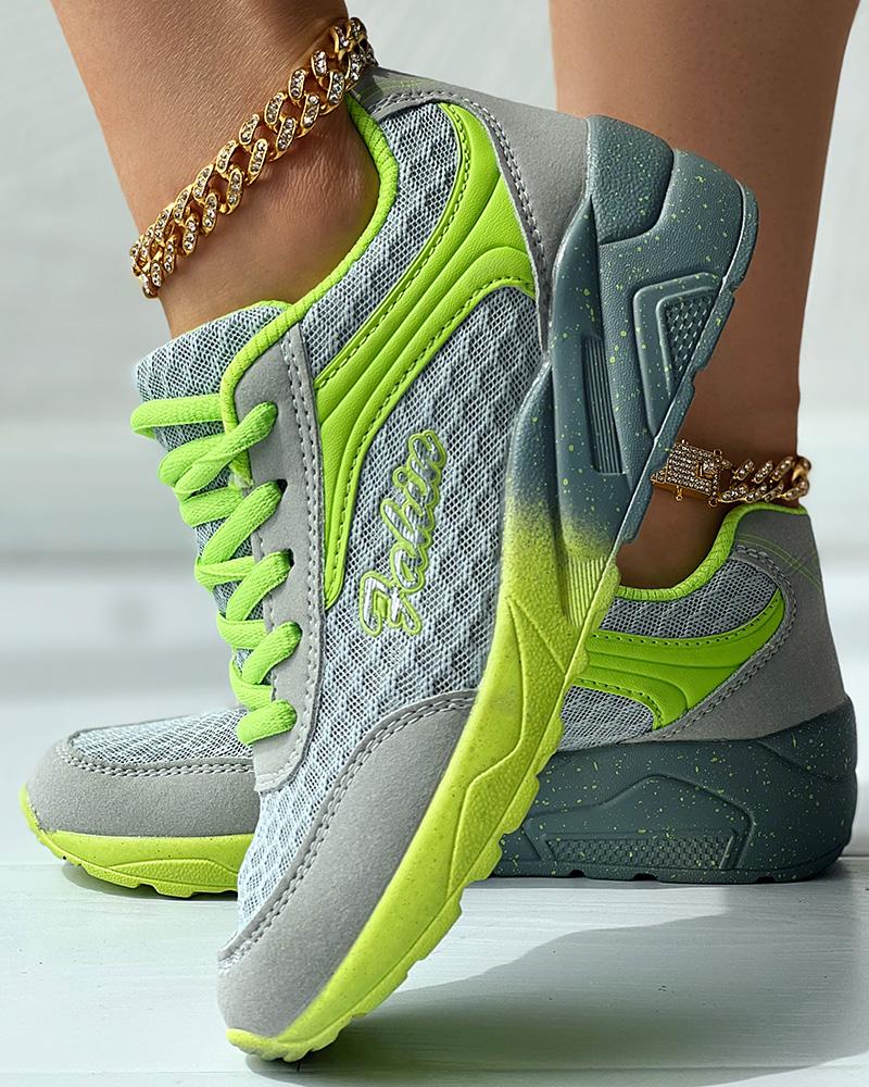 

Colorblock Breathable Lace-up Casual Sneakers, Gray&green