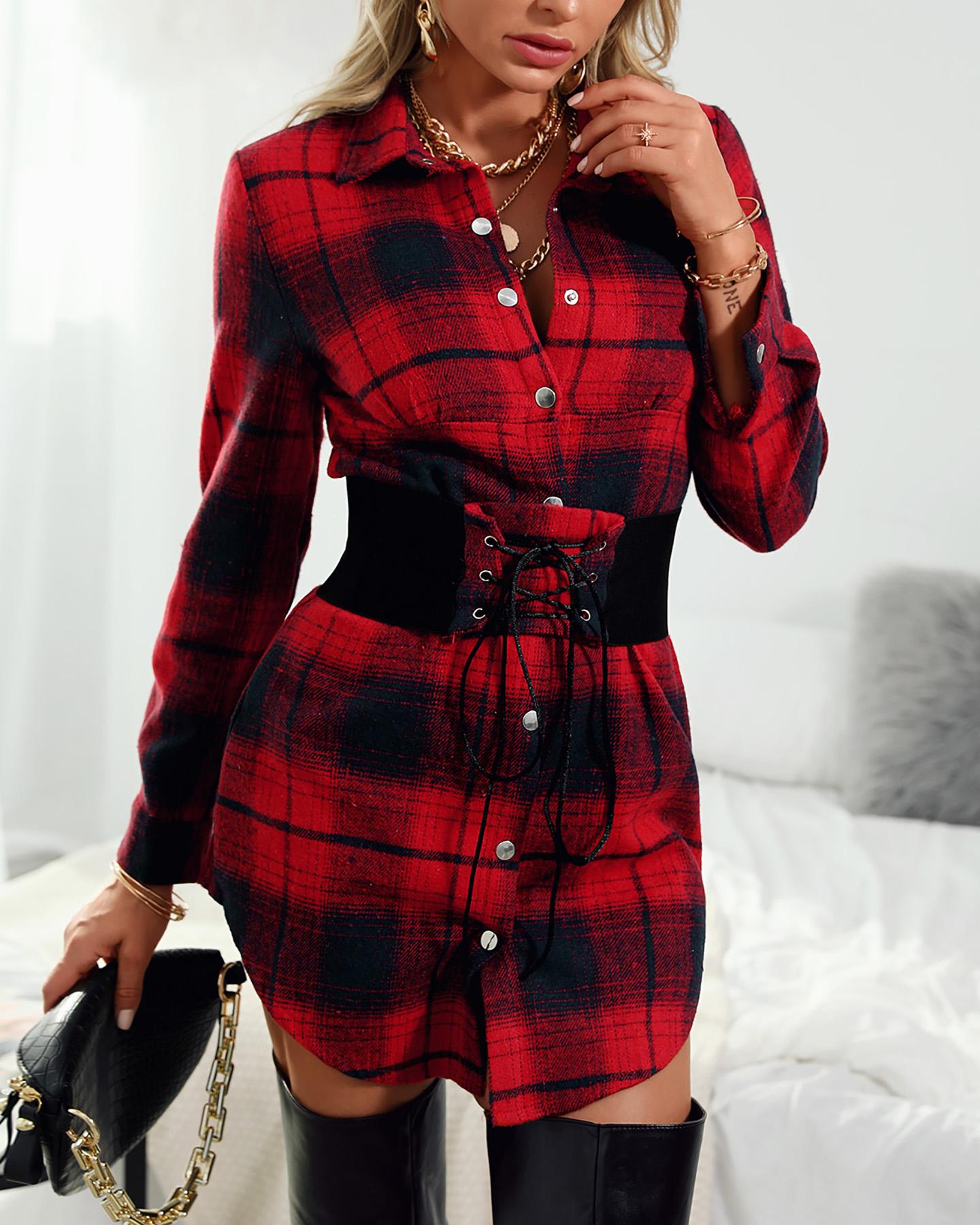 

Plaid Print Eyelet Lace Up Shirt Dress, Wine red