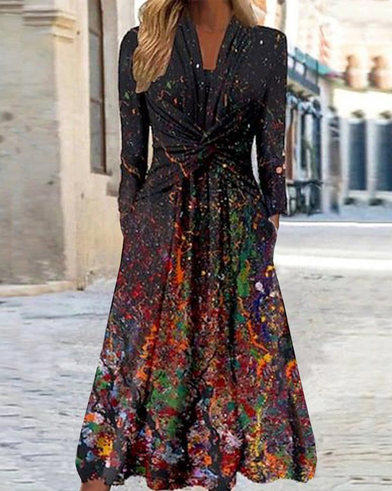 

Abstract Print Twist Design Casual Dress, Black