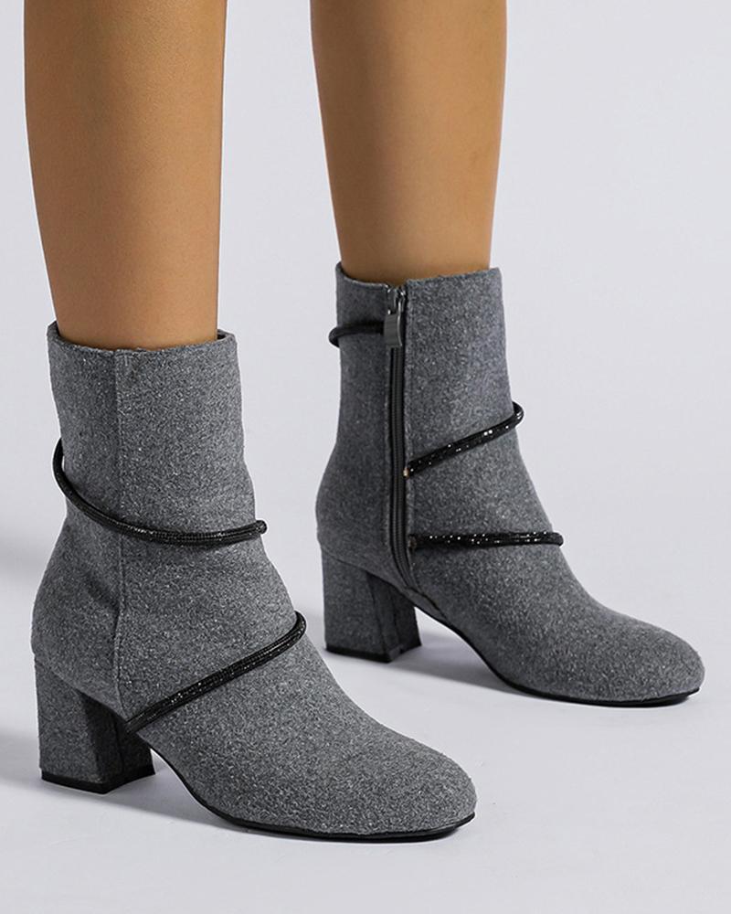 

Rhinestone Strap Decor Chunky Heel Ankle Boots, Gray
