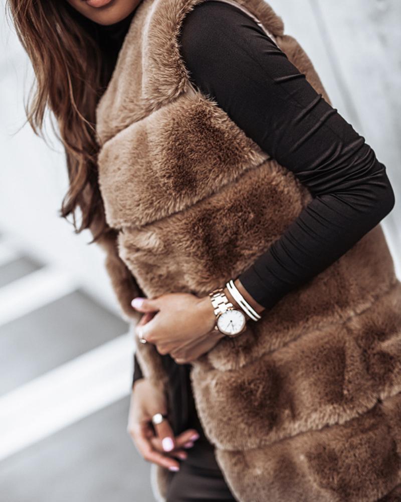 

Faux Fur Open Front Fuzzy Longline Vest Coat, Khaki