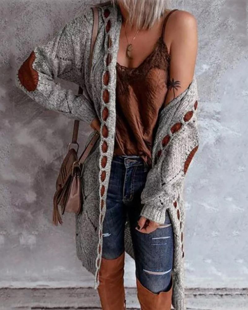 

Lantern Sleeve Suede Patch Hooded Knit Cardigan, Gray