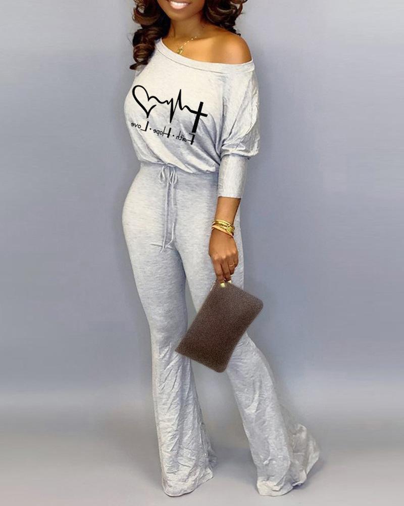 

Letter Heart Print Drawstring Bootcut Jumpsuit, Gray