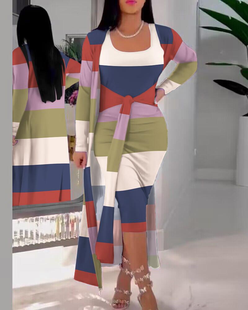 

Striped Colorblock Tied Detail Dress & Longline Coat Set, Multicolor