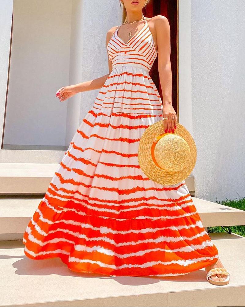 

Striped Print Halter Maxi Dress, Red