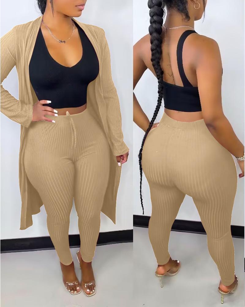 

Conjunto de 2 piezas de cárdigan de manga larga con abertura frontal, abrigo y pantalones ajustados con cintura elástica, Khaki