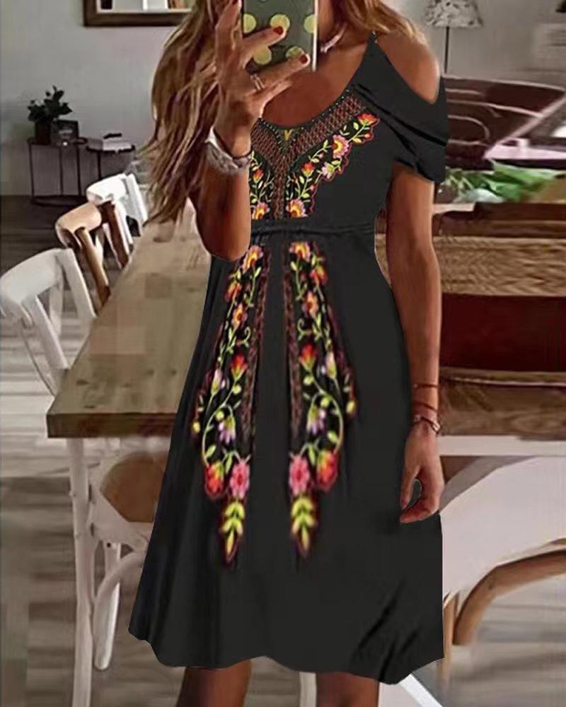 

Floral Print Cold Shoulder Casual Dress, Black