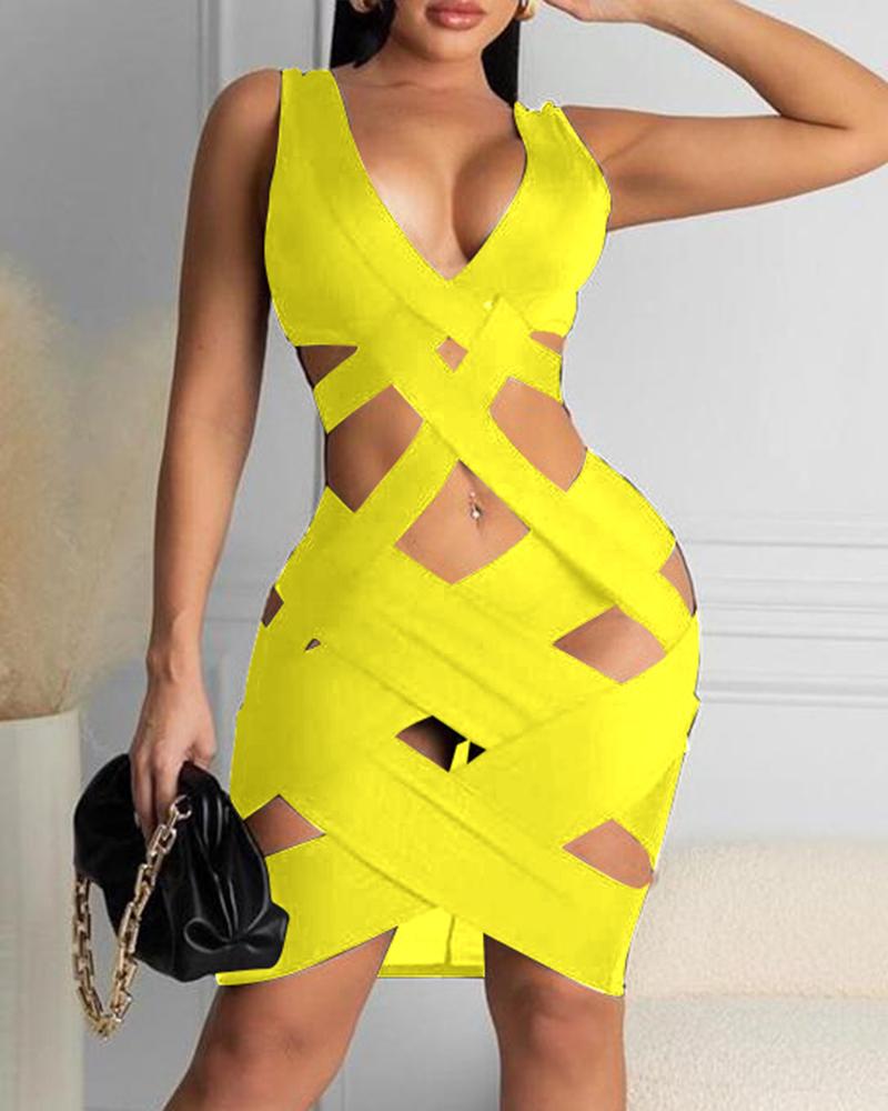 

Plain Cutout Sleeveless Bodycon Dress, Yellow